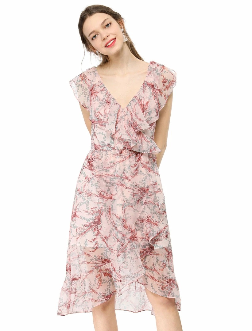 Allegra K Floral Print Sleeveless Belted Dress Women 6 Allegra K Floral Print Sleeveless Belted Dress Women