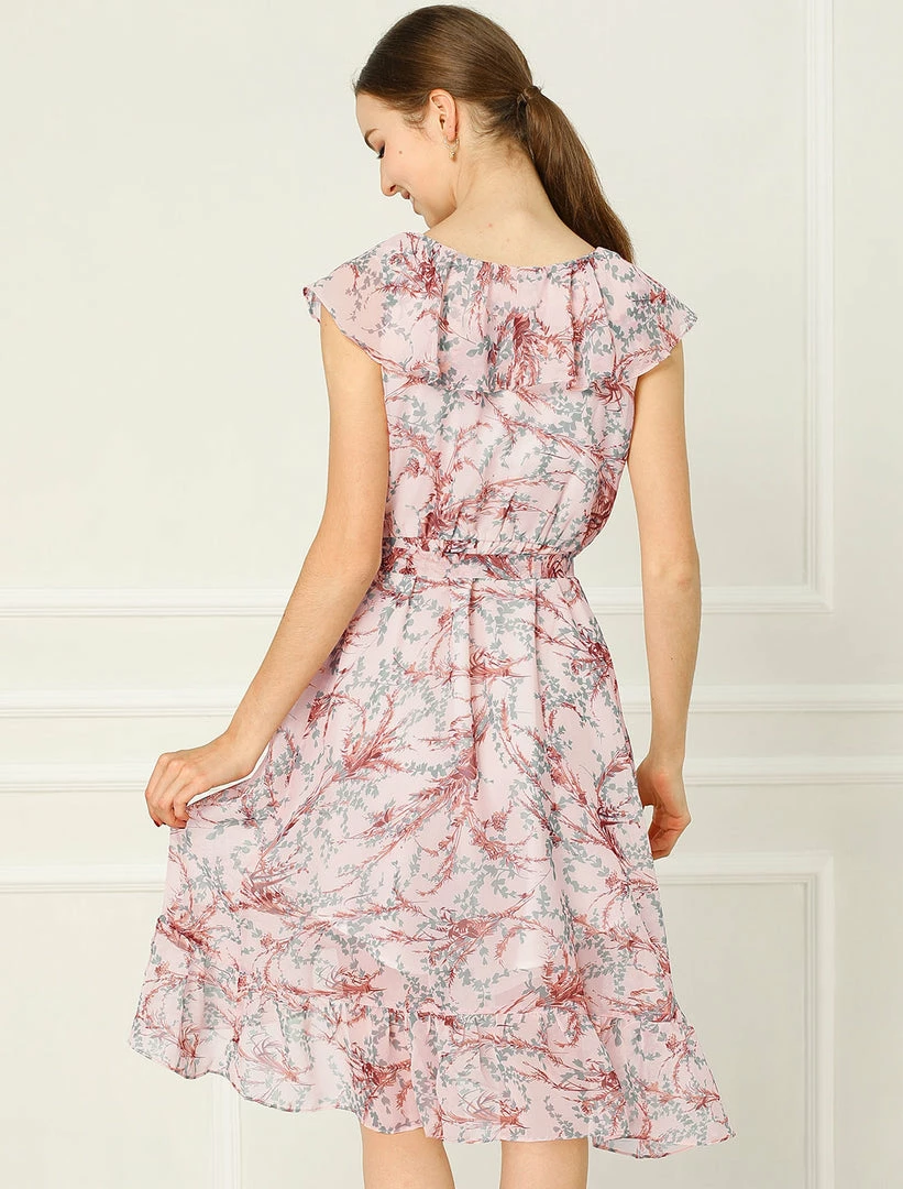 Allegra K Floral Print Sleeveless Belted Dress Women 8 Allegra K Floral Print Sleeveless Belted Dress Women