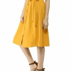 Allegra K Women's Button Front Casual High Waist Belted Midi Flare Skirt