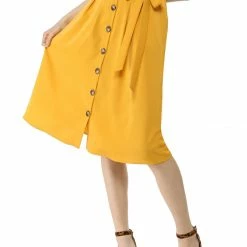 Allegra K Women's Button Front Casual High Waist Belted Midi Flare Skirt