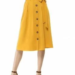 Allegra K Women's Button Front Casual High Waist Belted Midi Flare Skirt