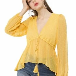Allegra K Deep V Neck Drawstring Ruffled Swiss Dots Long Sleeves Sheer Chiffon Blouse