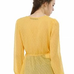 Allegra K Deep V Neck Drawstring Ruffled Swiss Dots Long Sleeves Sheer Chiffon Blouse