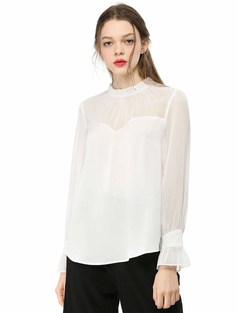 Allegra K Women's Chiffon Insert Long Sleeve Elegant Ruffled Trim Blouse Tops 24 Allegra K Women's Chiffon Insert Long Sleeve Elegant Ruffled Trim Blouse Tops