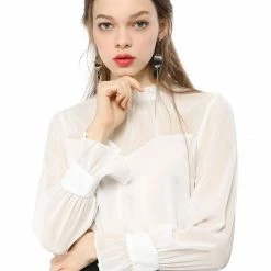 Allegra K Women's Chiffon Insert Long Sleeve Elegant Ruffled Trim Blouse Tops 46 Allegra K Women's Chiffon Insert Long Sleeve Elegant Ruffled Trim Blouse Tops