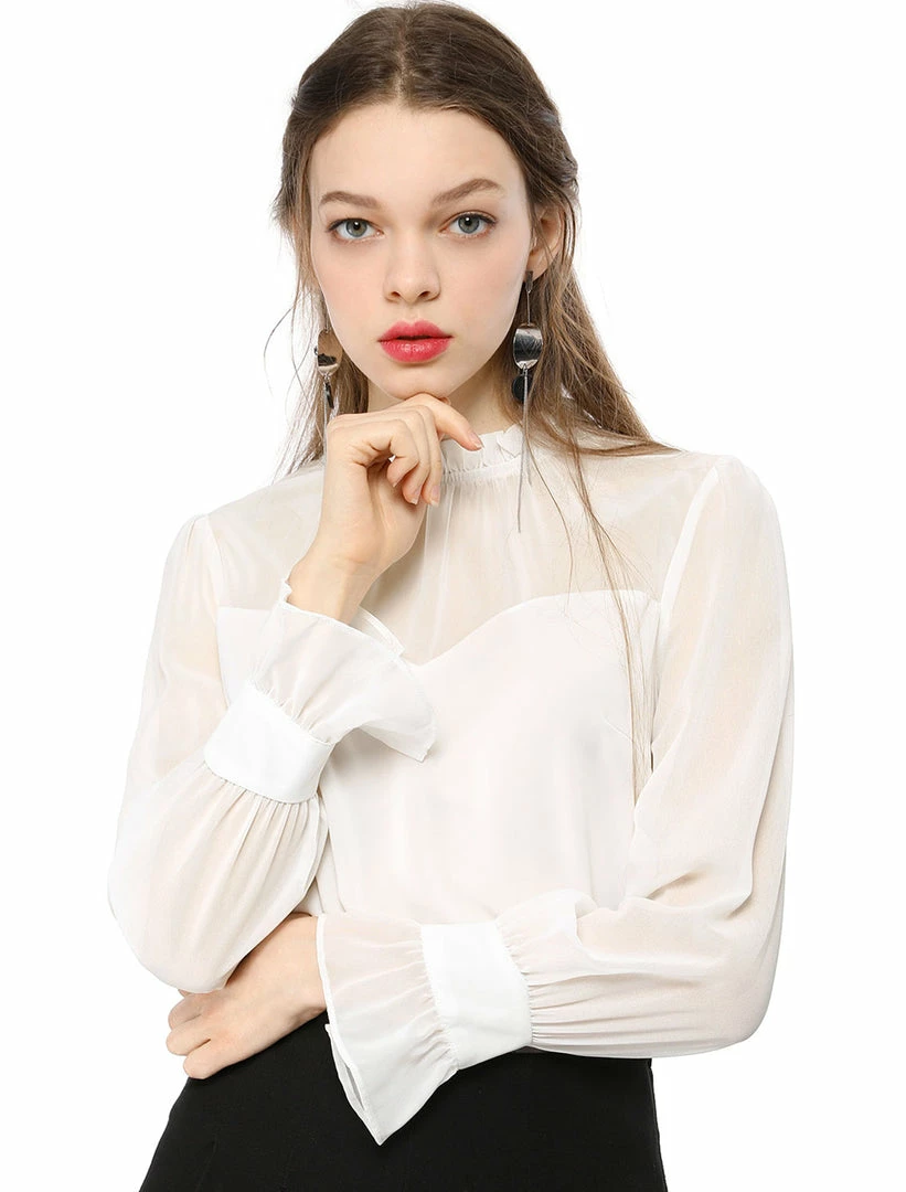 Allegra K Women's Chiffon Insert Long Sleeve Elegant Ruffled Trim Blouse Tops 22 Allegra K Women's Chiffon Insert Long Sleeve Elegant Ruffled Trim Blouse Tops