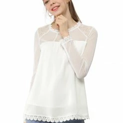 Allegra K Lace Floral Panel Crew Neck Long Sleeves Peasant Blouse Women