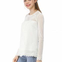 Allegra K Lace Floral Panel Crew Neck Long Sleeves Peasant Blouse Women