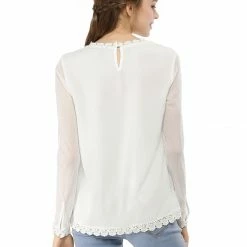 Allegra K Lace Floral Panel Crew Neck Long Sleeves Peasant Blouse Women