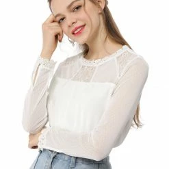 Allegra K Lace Floral Panel Crew Neck Long Sleeves Peasant Blouse Women