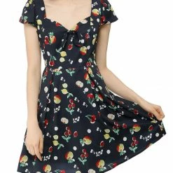 Allegra K Fruit Print Sweetheart Neckline Cap Sleeves Dress Women