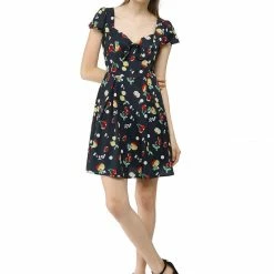 Allegra K Fruit Print Sweetheart Neckline Cap Sleeves Dress Women