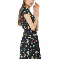 Allegra K Fruit Print Sweetheart Neckline Cap Sleeves Dress Women