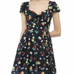 Allegra K Fruit Print Sweetheart Neckline Cap Sleeves Dress Women