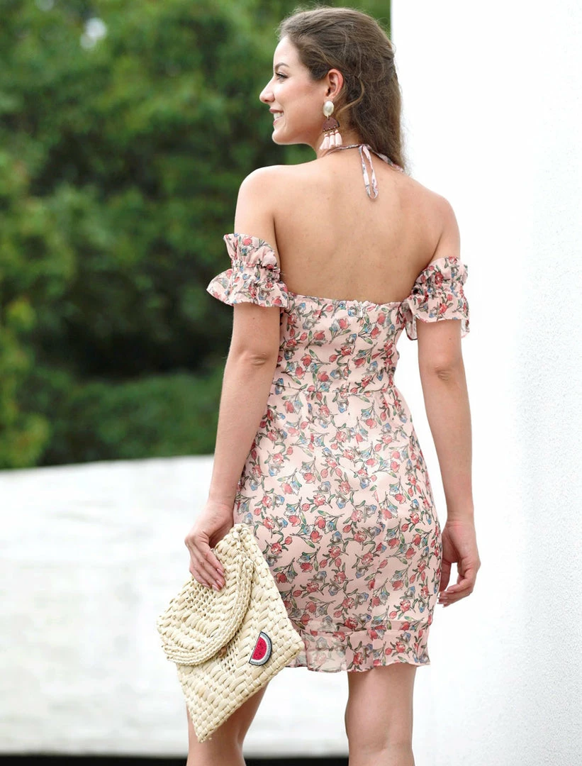 Allegra K Floral Print Off Shoulder Ruffled Halter Mini Dress Women 7 Allegra K Floral Print Off Shoulder Ruffled Halter Mini Dress Women