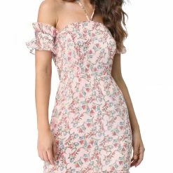 Allegra K Floral Print Off Shoulder Ruffled Halter Mini Dress Women