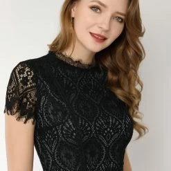 Women Allegra K Lace Floral Crew Neck Short Sleeves Dress