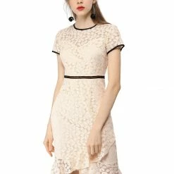 Allegra K Short Sleeve Contrast Trim Ruffled Floral Lace Dress 12 Allegra K Short Sleeve Contrast Trim Ruffled Floral Lace Dress