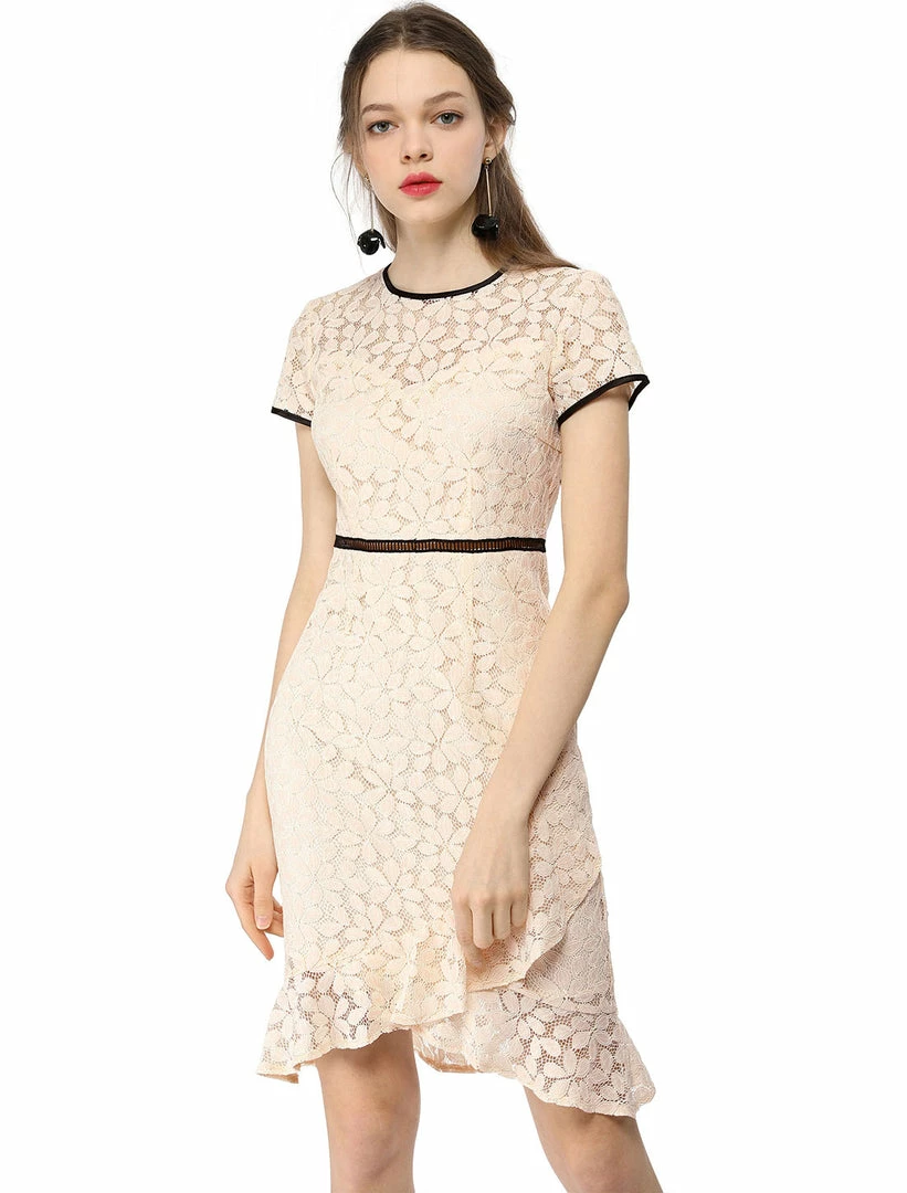 Allegra K Short Sleeve Contrast Trim Ruffled Floral Lace Dress 6 Allegra K Short Sleeve Contrast Trim Ruffled Floral Lace Dress