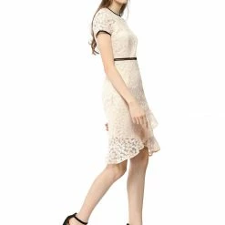 Allegra K Short Sleeve Contrast Trim Ruffled Floral Lace Dress 13 Allegra K Short Sleeve Contrast Trim Ruffled Floral Lace Dress