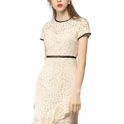 Allegra K Short Sleeve Contrast Trim Ruffled Floral Lace Dress