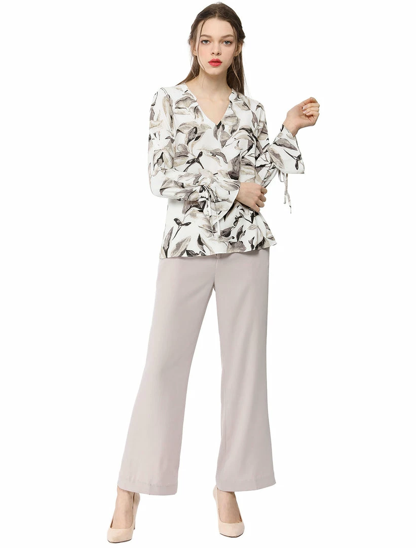 Women Allegra K V-Neck Bell Long Sleeves Floral Printed Blouse 12 Women Allegra K V-Neck Bell Long Sleeves Floral Printed Blouse