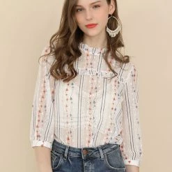 Allegra K 3/4 Sleeves Ruffle Mock Neck Sheer Lace Top