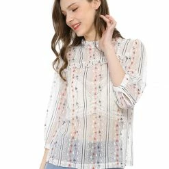 Allegra K 3/4 Sleeves Ruffle Mock Neck Sheer Lace Top