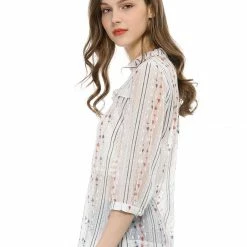 Allegra K 3/4 Sleeves Ruffle Mock Neck Sheer Lace Top