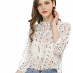 Allegra K 3/4 Sleeves Ruffle Mock Neck Sheer Lace Top