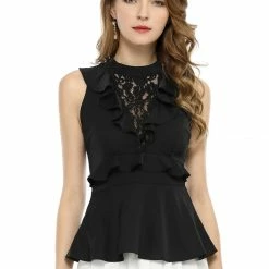 Allegra K Ruffle Décor Lace Front Halter-neck Cut-out Back Sleeveless Peplum Top Women