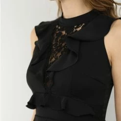 Allegra K Ruffle Décor Lace Front Halter-neck Cut-out Back Sleeveless Peplum Top Women