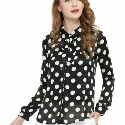 Women Allegra K Tie Neck Button Down Polka Dot Shirt