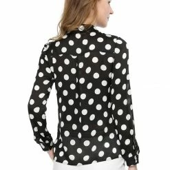 Women Allegra K Tie Neck Button Down Polka Dot Shirt