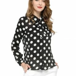 Women Allegra K Tie Neck Button Down Polka Dot Shirt