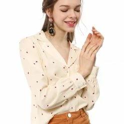 Allegra K Women's Heart Polka Dots Button Up Notched Lapel V Neck Shirt Tops 148 Allegra K Women's Heart Polka Dots Button Up Notched Lapel V Neck Shirt Tops