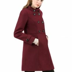 Allegra K Women's Double Breasted Stand Collar Coat With Slant Pockets