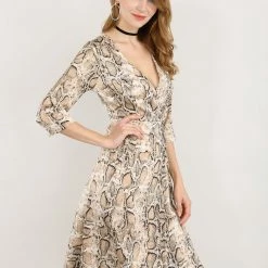 Allegra K 3/4 Sleeve Deep V Neck Tie Front Snake Print Wrap Midi Dress Women