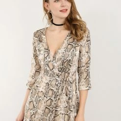 Allegra K 3/4 Sleeve Deep V Neck Tie Front Snake Print Wrap Midi Dress Women