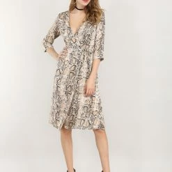 Allegra K 3/4 Sleeve Deep V Neck Tie Front Snake Print Wrap Midi Dress Women