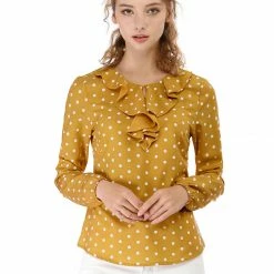 Allegra K Ruffle Neck Vintage Polka Dots Long Sleeve Blouse Clothing