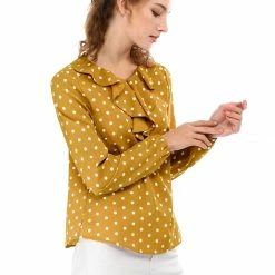 Allegra K Ruffle Neck Vintage Polka Dots Long Sleeve Blouse Clothing