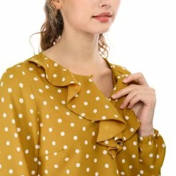 Allegra K Ruffle Neck Vintage Polka Dots Long Sleeve Blouse Clothing