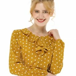 Allegra K Ruffle Neck Vintage Polka Dots Long Sleeve Blouse Clothing