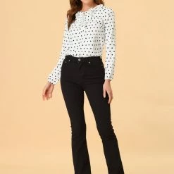 Allegra K Ruffle Neck Vintage Polka Dots Long Sleeve Blouse Clothing