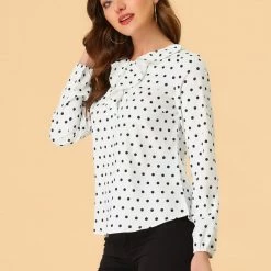 Allegra K Ruffle Neck Vintage Polka Dots Long Sleeve Blouse Clothing