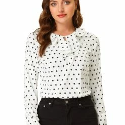 Allegra K Ruffle Neck Vintage Polka Dots Long Sleeve Blouse Clothing