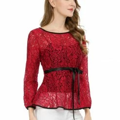 Allegra K Self-Tie Waist Bi-Color Contrast Lace Peplum Top 118 Allegra K Self-Tie Waist Bi-Color Contrast Lace Peplum Top