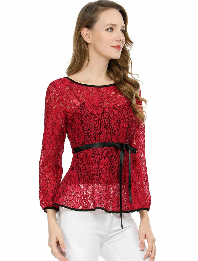 Allegra K Self-Tie Waist Bi-Color Contrast Lace Peplum Top 46 Allegra K Self-Tie Waist Bi-Color Contrast Lace Peplum Top