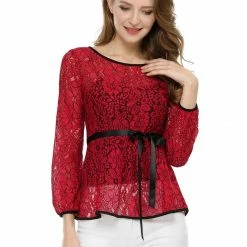 Allegra K Self-Tie Waist Bi-Color Contrast Lace Peplum Top 119 Allegra K Self-Tie Waist Bi-Color Contrast Lace Peplum Top